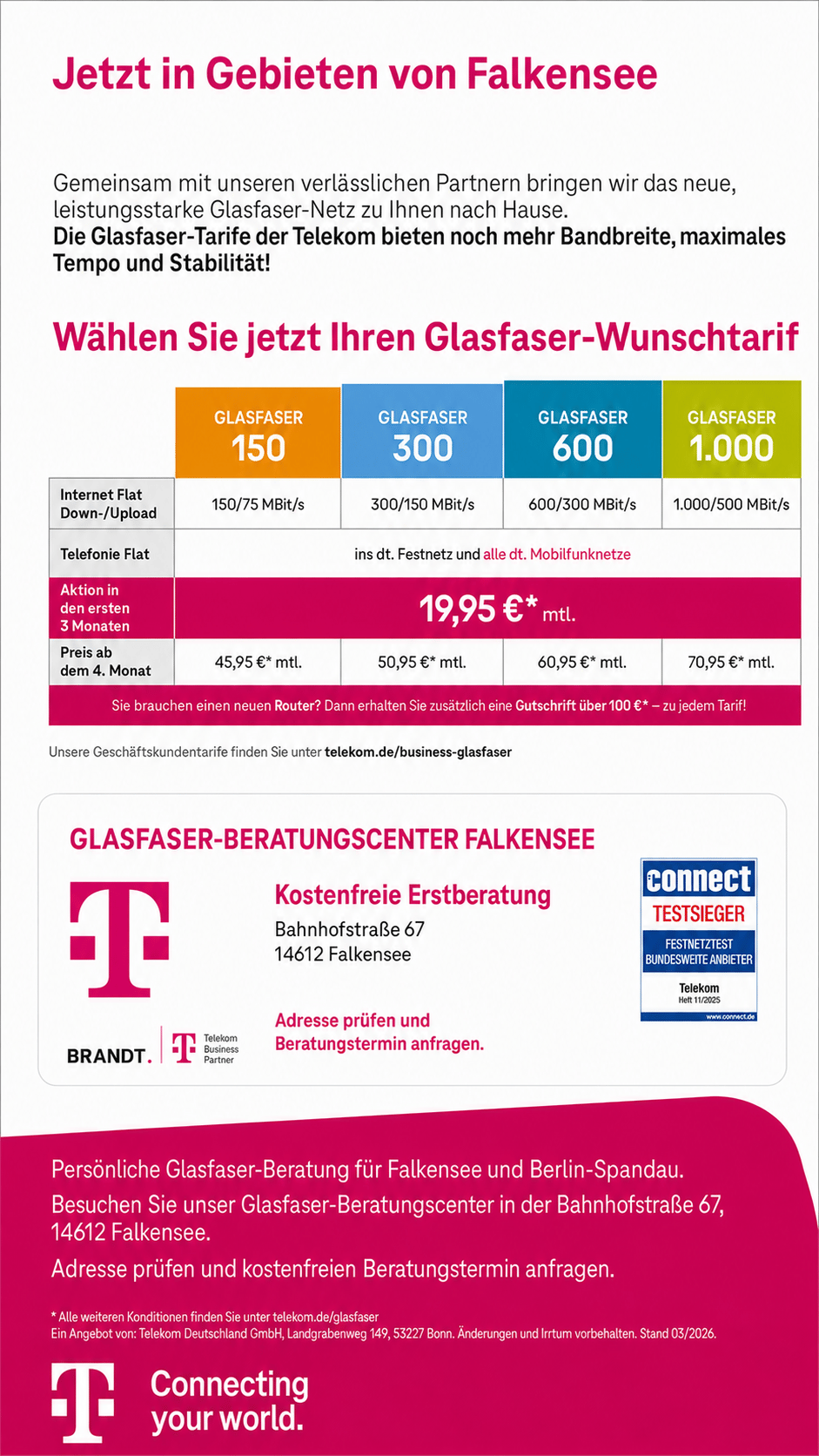 Rückseite des Telekom Glasfaser-Flyers für Falkensee mit Beratungscenter BRANDT