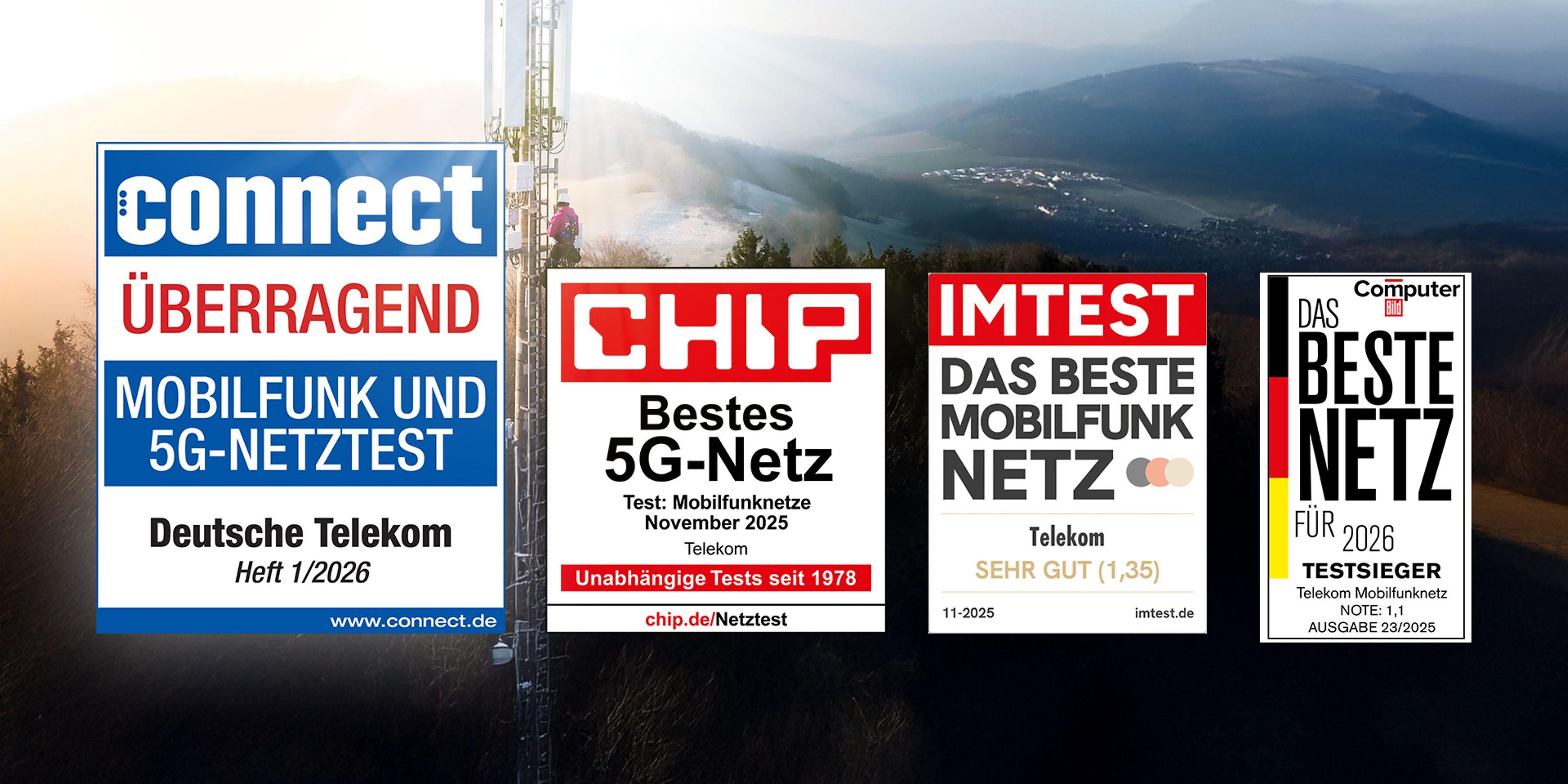Vier offizielle Testsiegel für das Telekom-Mobilfunknetz 2026 von connect, CHIP, IMTEST und Computer Bild