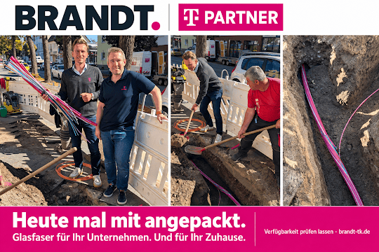 Marcus beim Glasfaserausbau auf der Baustelle: BRANDT-Collage mit Telekom-Partner-Logo