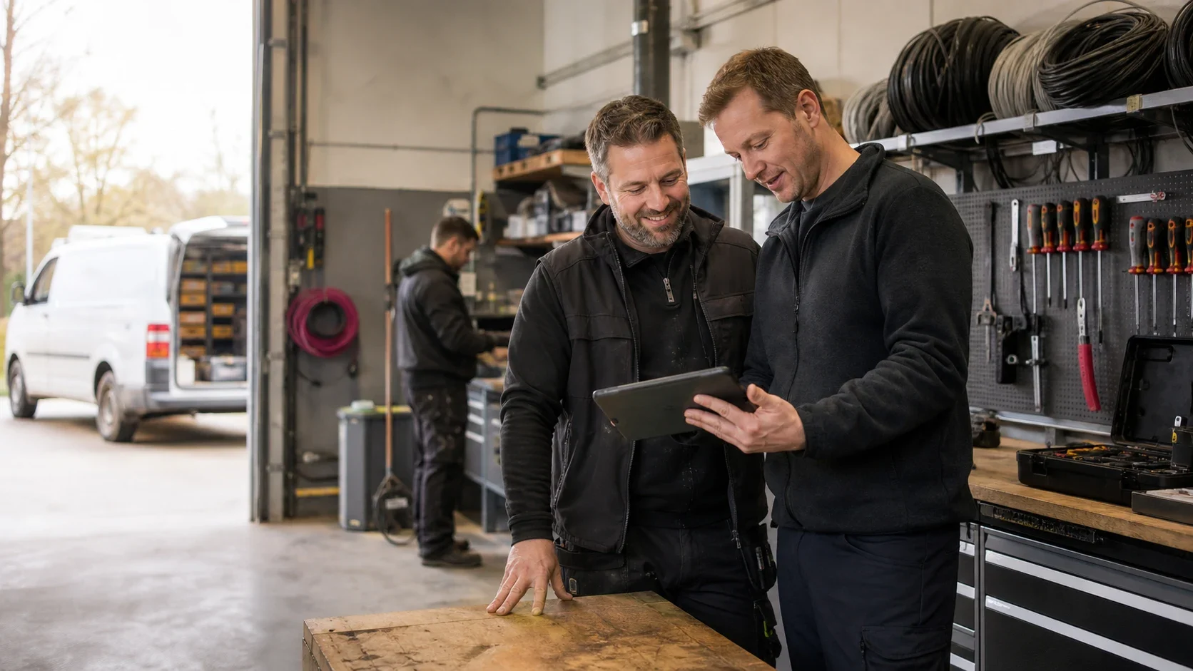 Mitarbeiter eines mittelständischen Betriebs stimmen einen digitalen Ablauf am Tablet ab